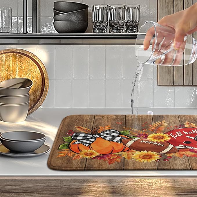 Fall Pumpkin Dish Drying Mats Thanksgiving Dish Mat Football Wood Drying Matt Dishes Dryer Pad for Kitchen Counter Absorbent Microfiber Washable Foldable Reusable 18x24 in