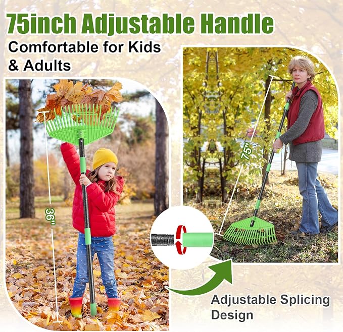 Plastic Rake for Leaves - Lightweight Outdoor Garden Rakes for Leaves,Grass,Pine Needle,Gentle Sweep Leaf On Lawn Yard, 75" Adjustable Long Handle for Gardening Camping
