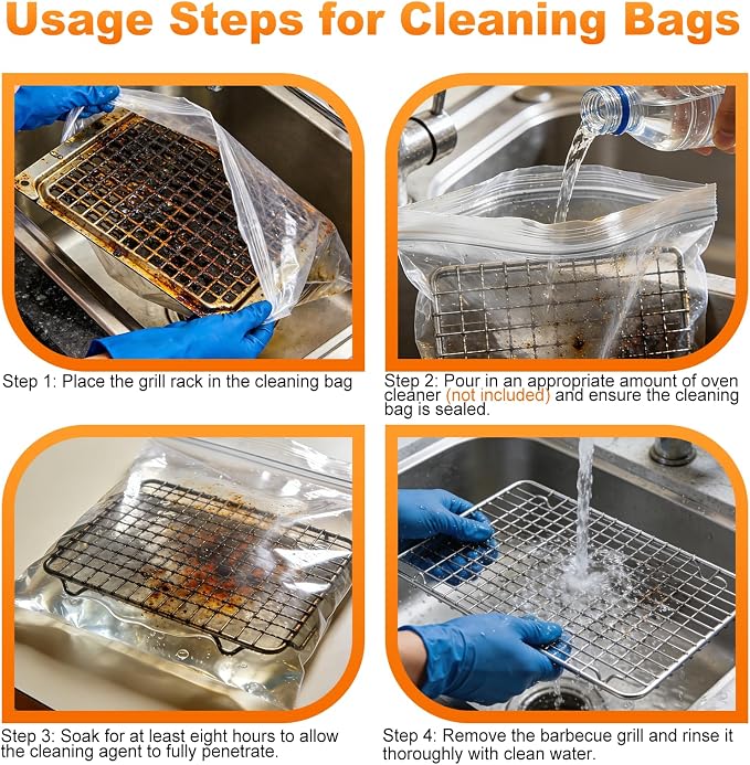 6 Pack Oven Rack Cleaning Bags, 3 Sizes Heavy Duty No Scrub Soaking Bags for Oven Racks, Grill Grates & BBQ Racks, Reusable Leak-Resistant PE Bags, No Cleaner Included