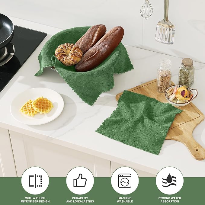 Homaxy Kitchen Towels and Dishcloths Set, 10 x 10 and 13 x 19 Inches, Set of 12 Super Soft and Absorbent Coral Velvet Kitchen Towels, No Lint and Nonstick Oil Fast Drying Dish Towel, Grass Green