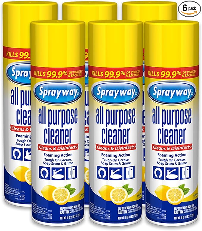 Sprayway All Purpose Cleaner Foaming Spray | Lemon Scent | 19oz | 6 Pack | Disinfectant & Multi-Surface Cleaner | Cuts Grease & Grime | Kills 99.9% of Germs | 19oz