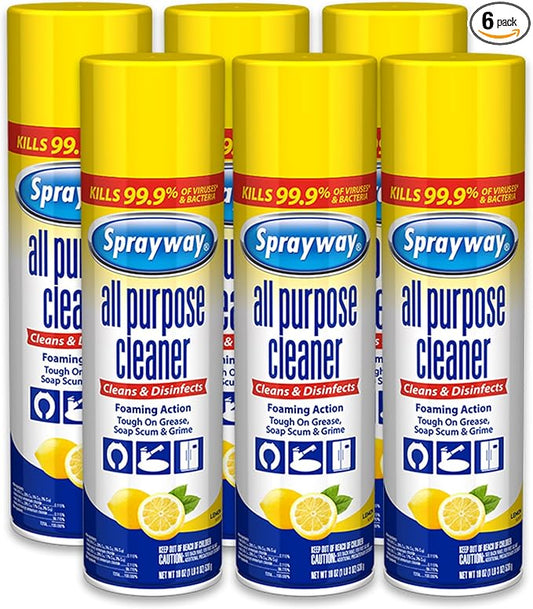 Sprayway All Purpose Cleaner Foaming Spray | Lemon Scent | 19oz | 6 Pack | Disinfectant & Multi-Surface Cleaner | Cuts Grease & Grime | Kills 99.9% of Germs | 19oz