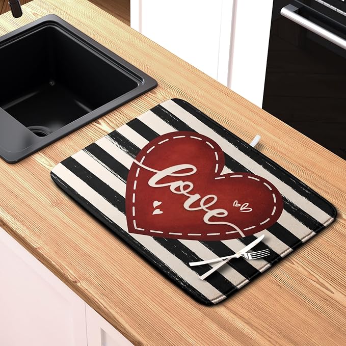 Valentine's Day Dish Drying Mat for Kitchen Counter 18x24 Black White Stripes Red Love Heart Dishes Drainer Mats Absorbent Dish Pad Large Dish Draining Mat for Coffee Bar