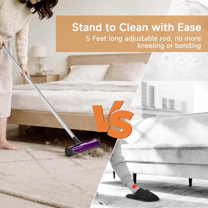 Pet Hair Remover for Carpet, Carpet Sweeper with Dust Container | Carpet Hair Removal Tool with 5 Feet Long Handle to Remove Cat and Dog Hair from Carpet, Rugs, Mats, Furniture, Upholstery