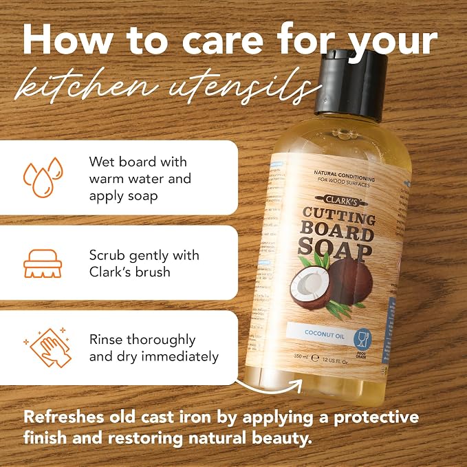 CLARK'S Cutting Board Refined Coconut Soap - Plant Based Food Safe Castile Soap For Countertops Butcher Blocks Bamboo And Utensils - Cleans And Restores Wood - Use Before Food Grade Mineral Oil