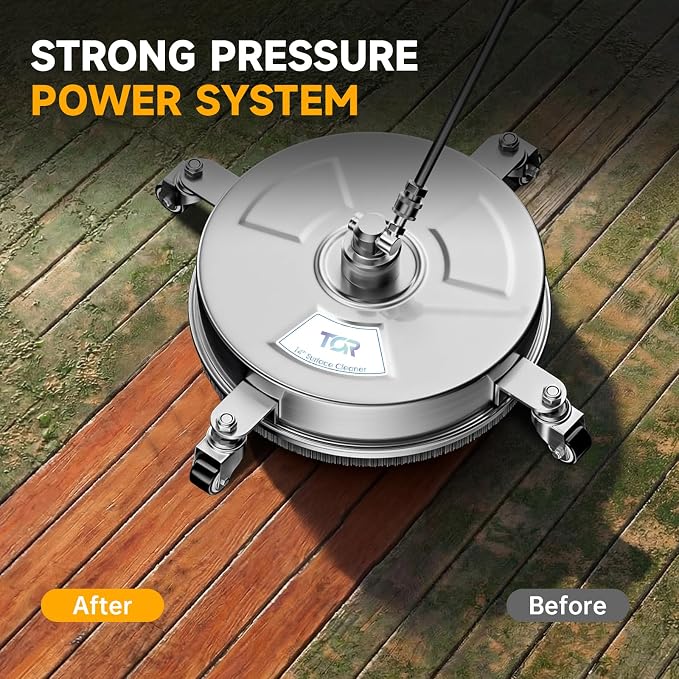 TOR 14" Stainless Steel Pressure Washer Surface Cleaner Attachment with 4 Wheels, 4000 PSI, 2 Extension Wands, Power Washer Surface Cleaner for Concrete, Driveway, Patio, Sidewalk, 1/4" Quick Connect