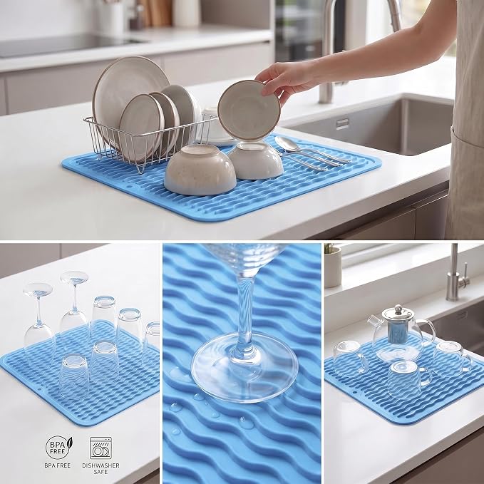 MicoYang Silicone Dish Drying Mat for Multiple Usage,Easy clean,Eco-friendly,Heat-resistant Silicone Mat for Kitchen Counter or Sink,Refrigerator or Drawer liner Light Blue M 12 inches x 12 inches