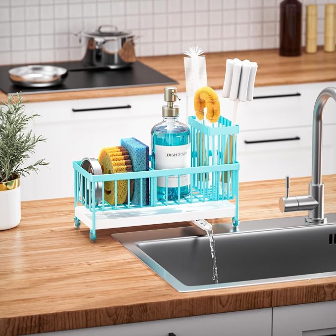 Cisily Sponge Holder for Kitchen Sink, Sink Caddy Organizer with High Brush Holder, Kitchen Countertop Organizers and Storage Essentials, Rustproof 304 Stainless Steel (Turquoise, 9.25″)