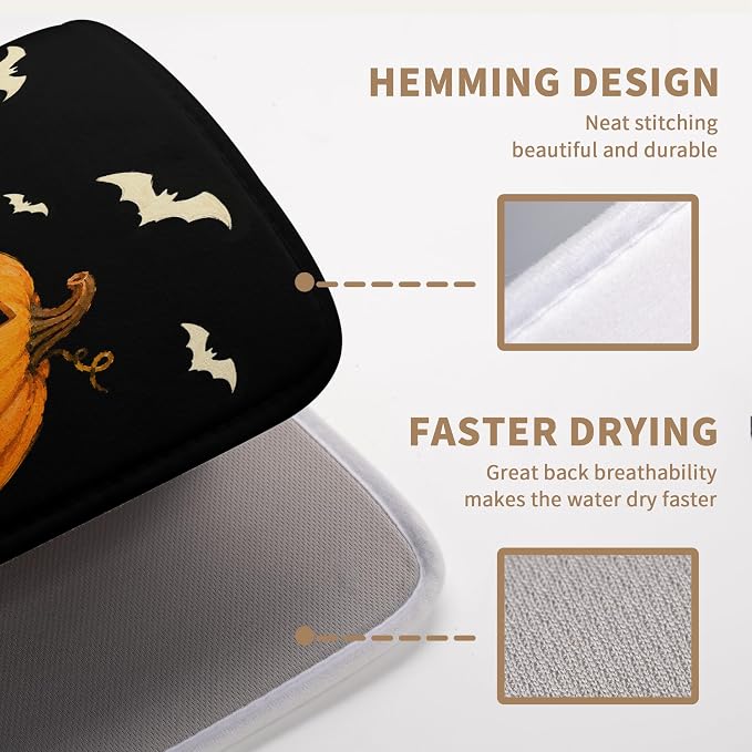 Halloween Ghost Dish Drying Mats Spooky Pumpkin Dish Mat Bat Drying Matt Dishes Dryer Pad for Kitchen Counter Absorbent Microfiber Washable Foldable Reusable 18x24 in