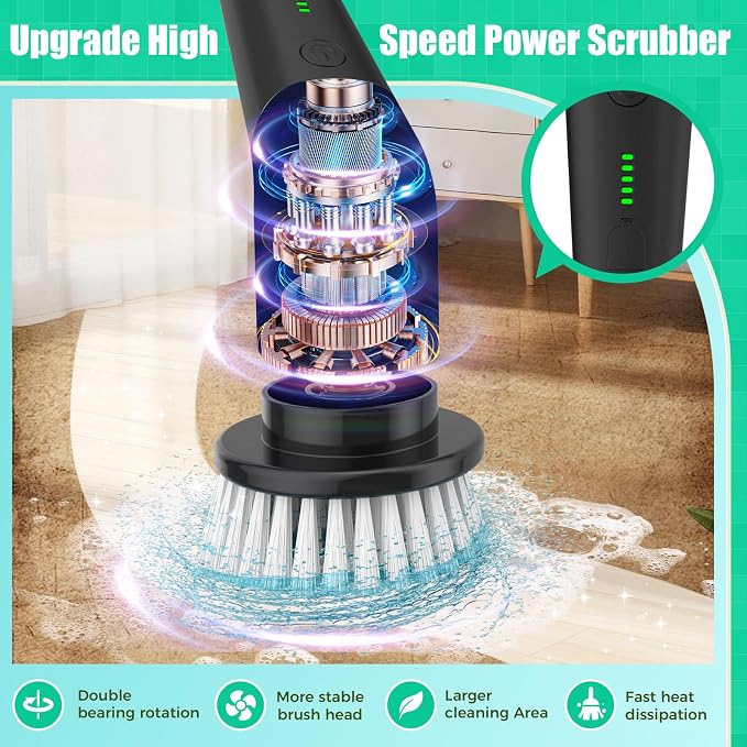 YKYI Electric Spin Scrubber, Cordless Power Scrubber Cleaning Tool with 8 Replaceable Heads and Extension Handle for Bathroom, Tub, Tile, Floor, Grout and Car (White) | 8 Replaceable Heads, Extension Handle, For Bathroom, Tub, Tile, Floor, Grout and Car