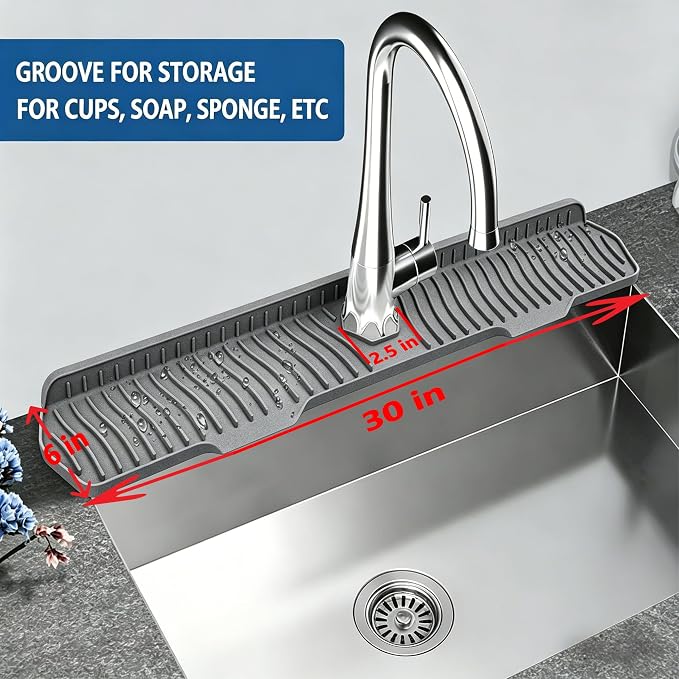 Kitchen Sink Splash Guard Gen2-30" x 6'' Silicone Sink Mat Splash Guard fit for Countertop, Bathroom,Farmhouse,RV by EBIGIC (Grey)
