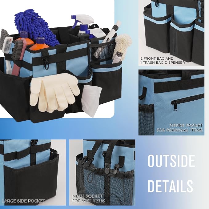 SCAVATA Wearable Cleaning Caddy, Cleaning Caddy Supplies Organizer with Handle & Shoulder Straps for Housekeepers, Under Sink & Car Cleaning Tool Organizers Bag with 4 Foldable Divider (Blue)