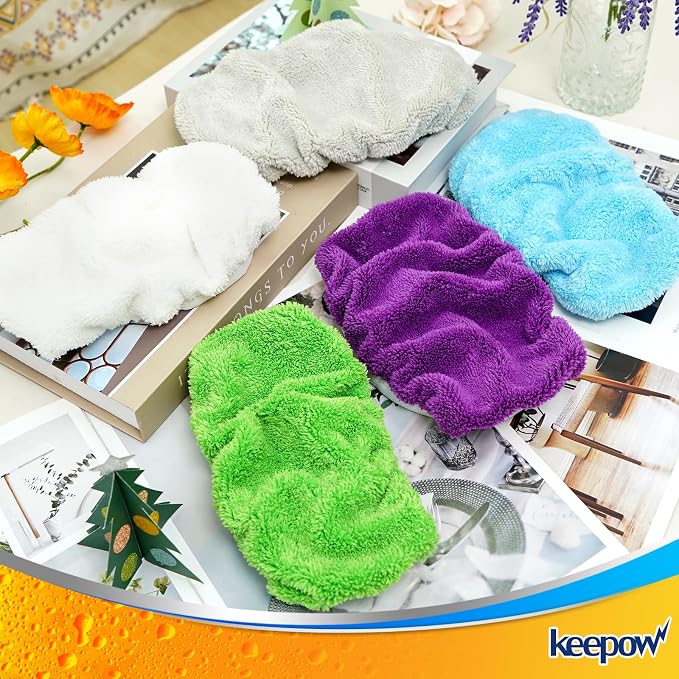KEEPOW 10 Pack Reusable Mop Pads Compatible with Swiffer Sweeper | Coral Fleece, Assorted Colors (Green/Purple/White/Blue/Grey) Dry Wet Mopping Refills