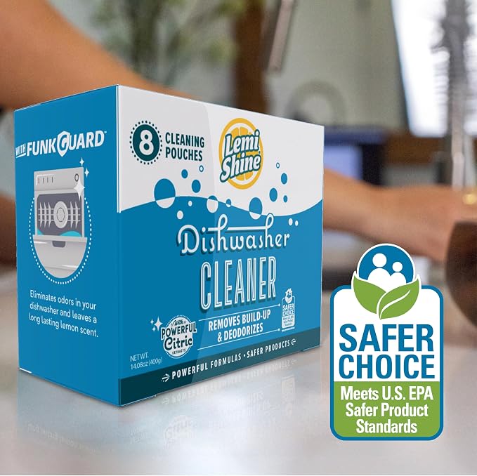 Lemi Shine Natural Dishwasher Cleaner & Deodorizer - 14.08 oz (8 Pack) | Hard Water Citric Acid Cleaning Powder - Lemon Scented Eco-Friendly Dishwasher Cleaner & Deodorizer