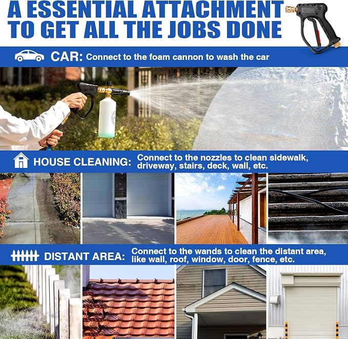 MEKOH Short Pressure Washer Gun, 4000 PSI High Power Washer Spray Gun, 10.5 GPM Foam Gun with 3/8'' Quick Connect, Stubby Pressure Washer Trigger Handle with M22-14mm Adapter for Extension Wand & Hose