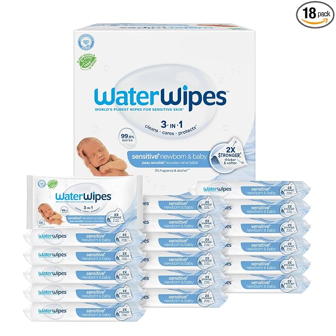 WaterWipes Sensitive+ Newborn & Baby Wipes, 3-In-1 Cleans, Cares, Protects, 99.9% Water, Unscented & Hypoallergenic, 1080 Count (18 Packs)