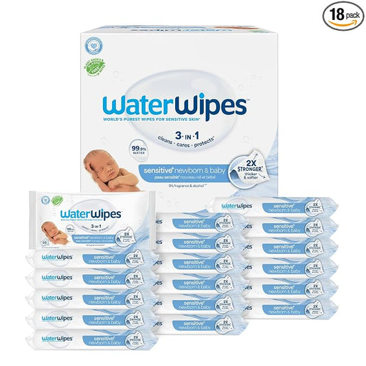 WaterWipes Sensitive+ Newborn & Baby Wipes, 3-In-1 Cleans, Cares, Protects, 99.9% Water, Unscented & Hypoallergenic, 1080 Count (18 Packs)