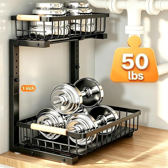 REALINN Under Sink Organizer, 2 Pack Height Adjustable Under Sink Organizers and Storage, 2 Tier Pull Out Drawer Cabinet Storage for Kitchen Bathroom