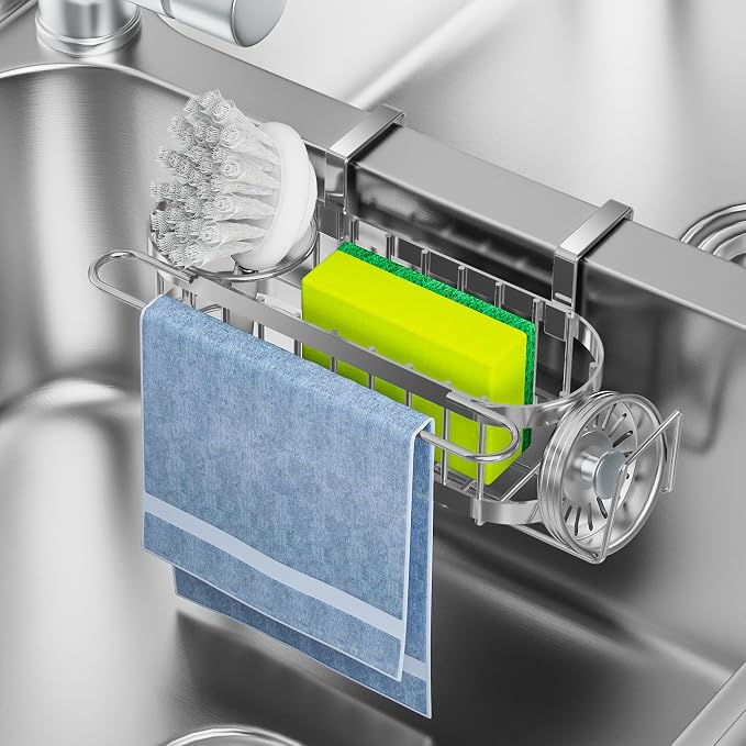 Cisily Kitchen Sink Caddy Sponge Holder in The Sink, Stainless Steel Kitchen Sink Organizer, Brush Holder, Dish Cloth Hanger, Sink Stopper Holder (Hanging-Silver)