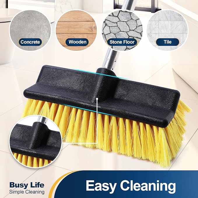 Yocada Deck Brush with 4-Section Extendable Handle Floor Scrub Brush | Soft &Medium Bristles Non-Slip Grip for Outdoor Deck Patio Bathroom Garage Concrete Cleaning 54.3 Inch