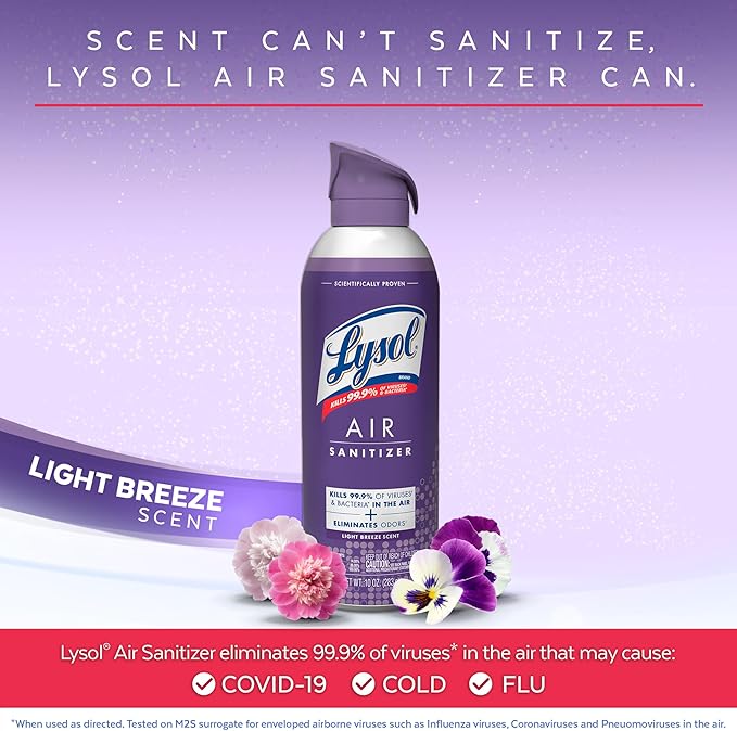 Lysol Air Sanitizer Spray with Bacterial Odor Eliminator for Home & Office, Sanitizing Air Spray, Air Freshener Alternative, Light Breeze Scent, 10 oz (Pack of 3)