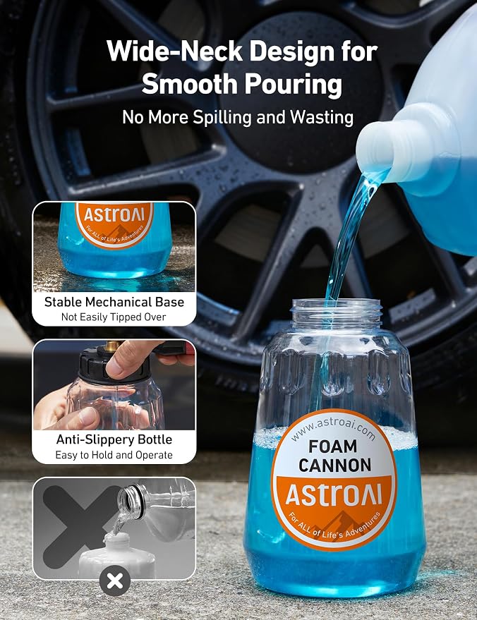 AstroAI Foam Cannon for Pressure Washer with 1/4" Quick Connect Plug, 1 L | Thick Foam, Car Wash, Heavy Duty Snow Clear Bottle, Wide Neck, Adjustable, Quick Connect, for Various Cleaning Tasks, Brass