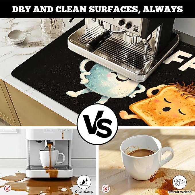 Dish Drying Mat Large Coffee Mat Absorbent Drying Mat for Kitchen Counter Coffee Bar Accessories 32"x 17", Coffee and Bread 2