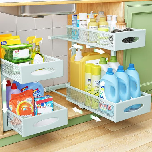 Under Sink Organizer, 2 Tier Pull out Cabinet Organizer Baskets with Mesh Sliding Drawers, Slide out Storage Shelf for Home, Kitchen, Bathroom, Pantry, Office Cabinet(1 Pack, Blue)