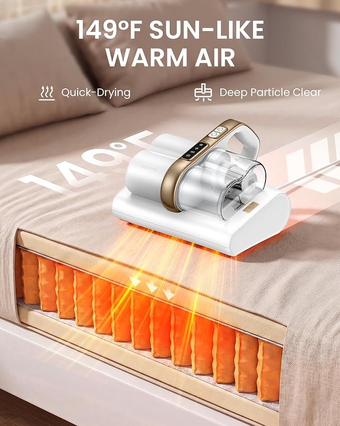 HEAPETS Mattress Vacuum Cleaner, 16Kpa Bed Vacuum with 275nm UV-C Light & 149℉ Heat & Ultrasonic, Dual High-Speed Roller Brushes & H13 HEPA Filter for Pet Hair, Bed, Sofa, Couch, Corded White