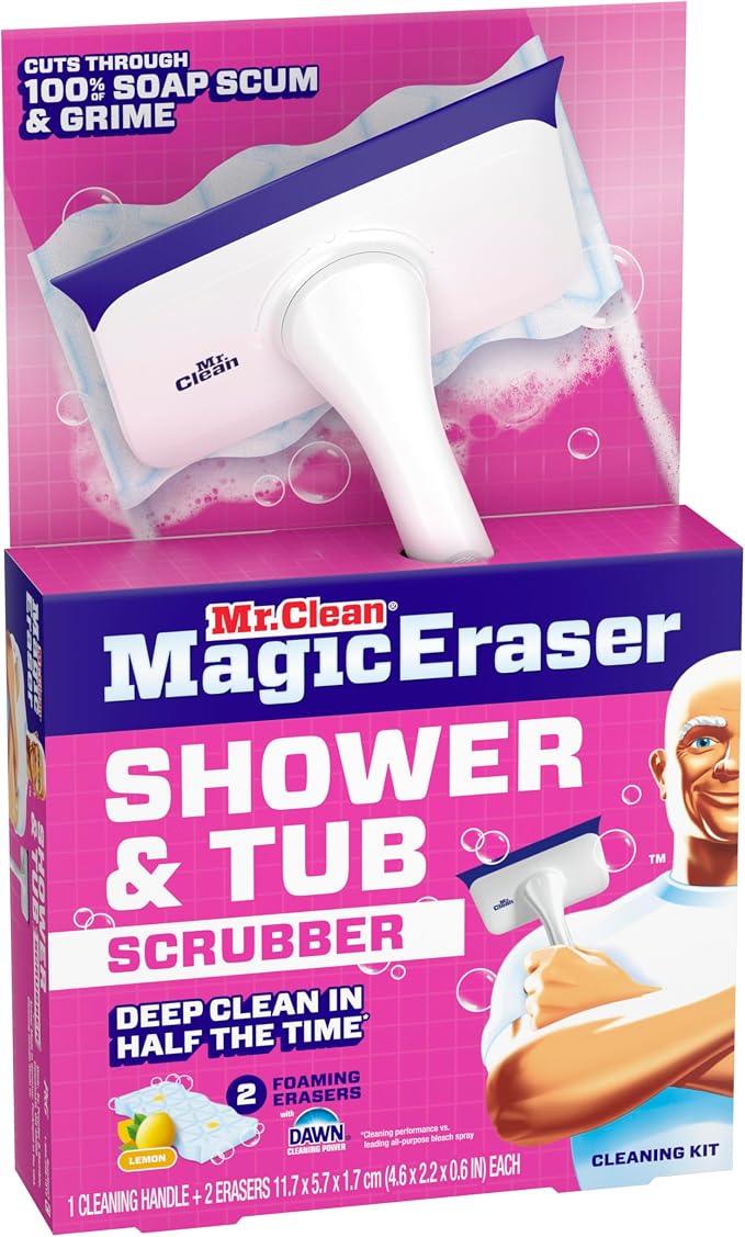 Mr. Clean Magic Eraser Shower & Tub Scrubber, Bathroom Cleaner, All in One Bathroom Cleaner, Lemon Starter Kit, 2 Scrubber, 5 Foaming Magic Erasers, 1 Whole Home Extra Durable Magic Eraser