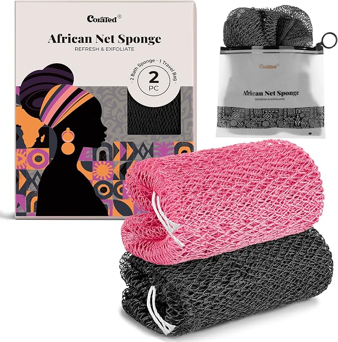 CORATED Authentic African Net Sponge with Knots, Shower Loofah Exfoliating Bath Sponge, Body Scrubber for Women and Men Daily Use Body Care, Travel Portable, Durable Bath Accessories for Bathroom