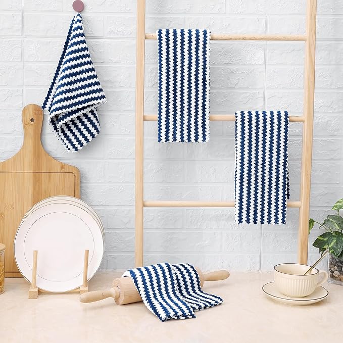 Homaxy Kitchen Towels(6 Pack, 10 x 20 inches), Ultra Soft and Absorbent Dish Towels, Reusable Fast Drying Microfiber Cleaning Cloth, Coral Velvet Wave Design No-lint, Navy Blue
