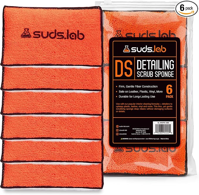 Suds Lab DS Detailing Scrub Sponge – Microfiber Scrub Pad for Car Detailing, Two Textures for Polishing & Scrubbing, Durable & Absorbent, Multi-Surface Use, Washable & Reusable – 6 Pack, Orange