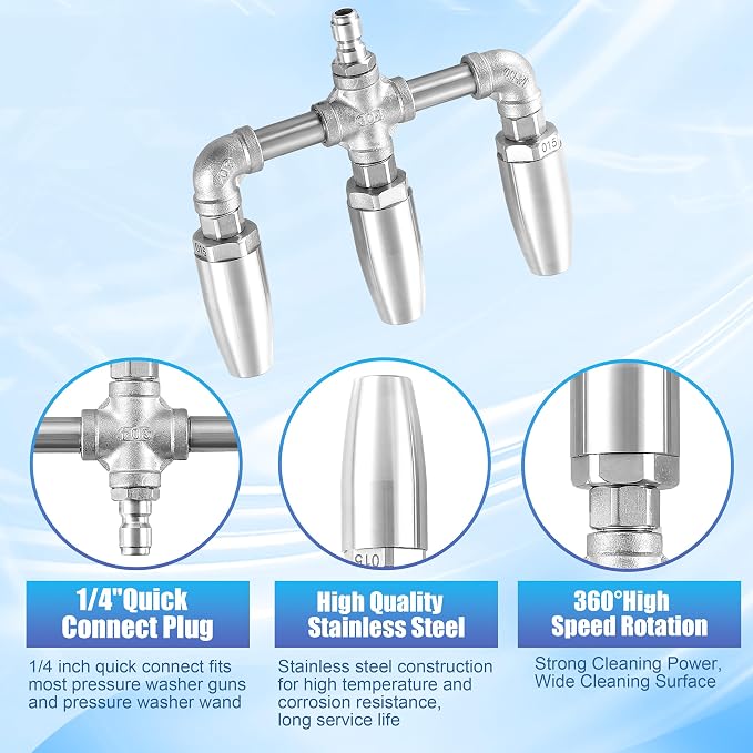 Triple Turbo Nozzle, 1/4" Quick Connect, 3000 PSI | 3 rotating stainless steel tips with 1.5 orifice for hard-surface pressure washing; not a foam cannon or surface cleaner