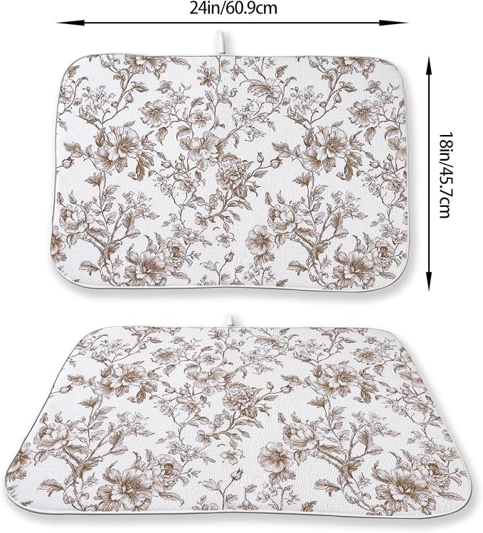 Brown Floral Dish Drying Mats 18x24 Inch Brown Chinoiserie Flower Holiday Kitchen Decor Absorbent Drying Pad Rack Drainer Mats for Kitchen Dining Room Counter