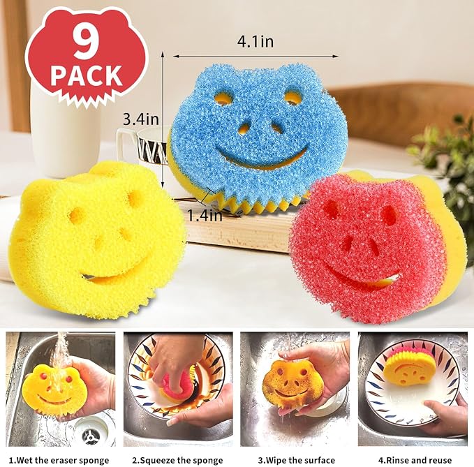 9 Pack Scrub Sponge, Dual-Sided Temperature Controlled Kitchen Sponge for Dishes,Cute Frog Scrub Sponges Household Cleaning Pads Bathroom Wall Cleaner Multi-Functional Cleaning Sponges