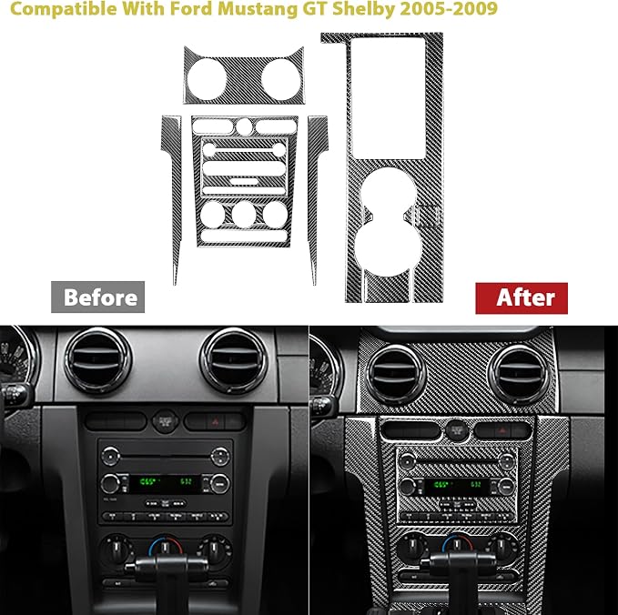 Real Carbon Fiber Trim for Ford Mustang GT Shelby Accessories | for 2005 2006 2007 2008 2009，Central Console Instrument Panel Gear Shift Cover，Thick Overlay Sticker Decal，12PCs