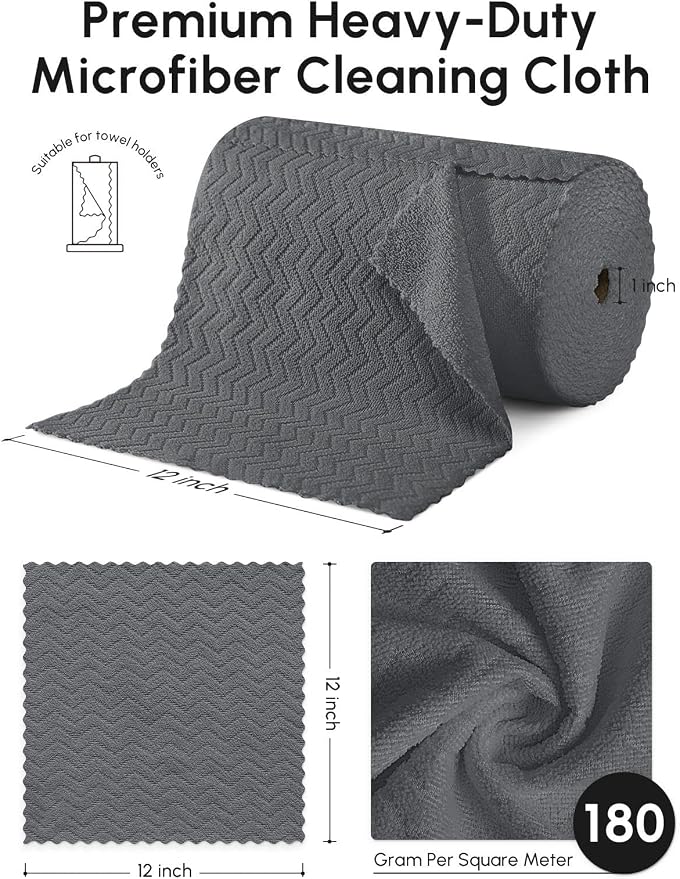 Microfiber Cleaning Cloths Roll, 75 Pack Tear Away Microfiber Towels Roll, 12" x 12" Lint Free Rags, Reusable Cleaning Cloths,Washable,Scratch Free,Ultra Absorbent Dish Rags(Dark Grey Ripple)