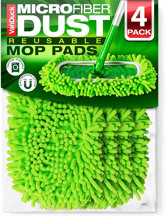 VanDuck Reusable Microfiber Dust Mop Refill for Swiffer Sweeper (4-Pack) | Mop not included, reusable microfiber floor duster, pet hair & dust replacement pads