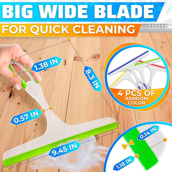 4Pcs 9.5” Hand Squeegee for Shower Glass - Durable Plastic Grip, Random Colors, Flexible Silicone Blade, Easy Hanging Hook, Lightweight Ergonomic Shower Squeegee for Glass Doors, Windows, and Tiles