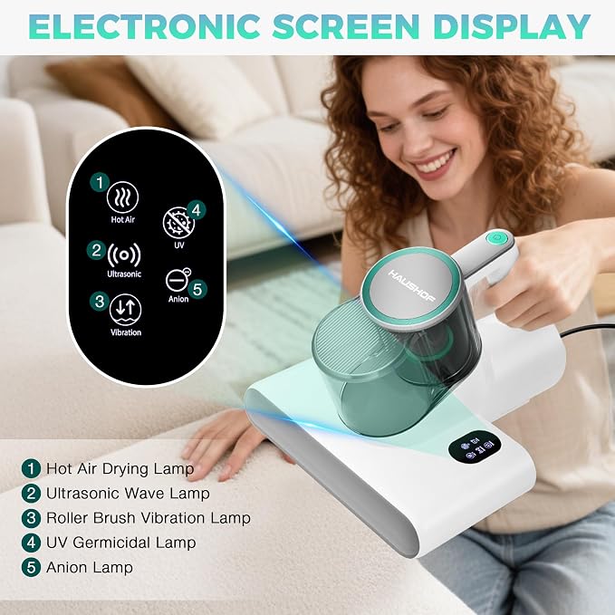 HAUSHOF Mattress Vacuum Cleaner, 16 Kpa Bed Vacuum Cleaner | 275nm UV-C Light, 140°F Heat, Ultrasonic, HEPA Filter, Dual Dust Cups, Versatile Handheld Vacuums for Bed, Sofa, Couch