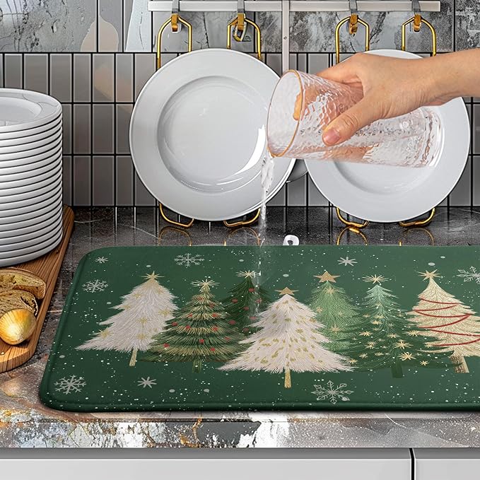 Green Christmas Tree Snowflakes Dish Drying Mat for Kitchen Counter 18x24 Inch Winter Xmas Holiday Dish Rack Mat Absorbent Microfiber Dish Draining Mat Reversible Drainer Pad