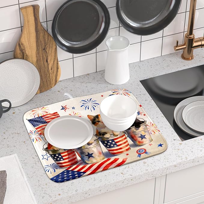 Happy 4th of July Patriotic Dish Drying Mat 16 x 18 In Independence Day Vintage Kitchen Drying Mat