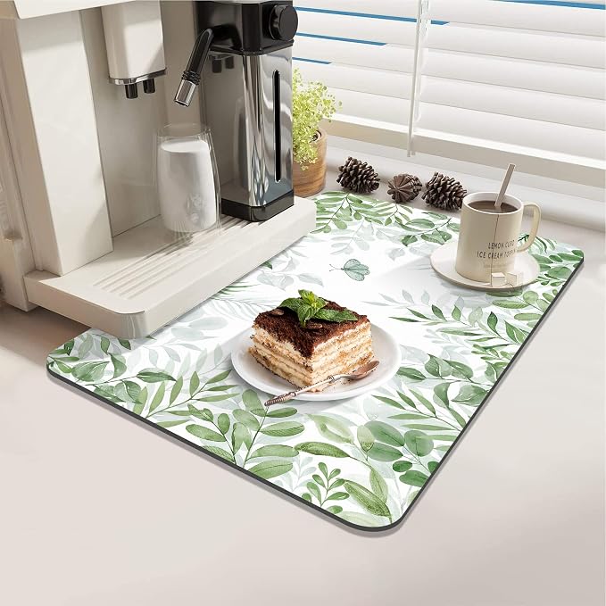 LOKHOM Dish Drying Mat for Kitchen Counter, 12"x20" Absorbent Coffee Bar Mat with Green Plant & Butterfly, Dish Drainer Rack Mats for Kitchen Counter Coffee Maker Pot Dining Room Decoration