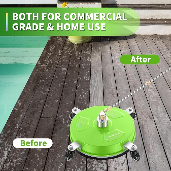 LidoDola 14'' Pressure Washer Surface Cleaner Green, Power Washer Accessory | Stainless Steel Housing with 4 Wheels, 1/4" QC, 2 Extension Wands & 2 Replacement Nozzles, for Gas & Electric Pressure Washer