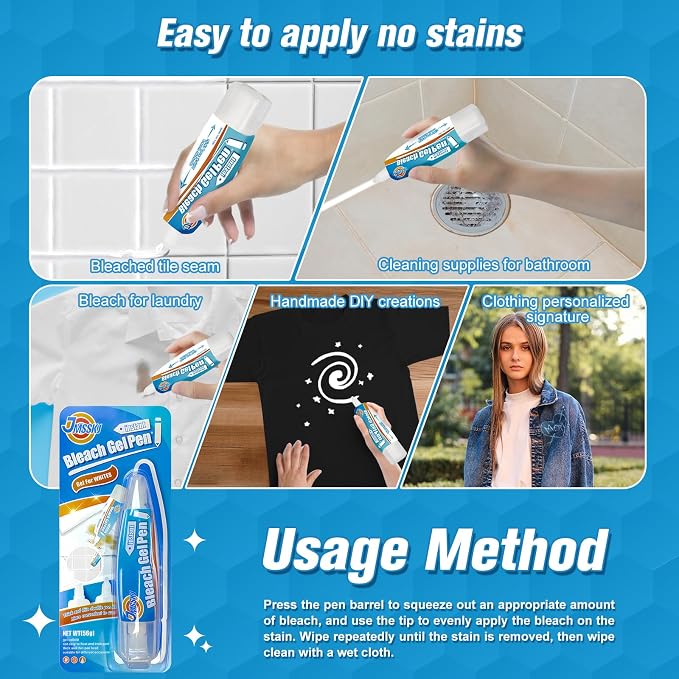 Bleach Pen for Clothes & Grout, 4 in 1 Dual-Tip Stain Remover Gel Pen with Precision Tip & Brush Head, Portable Travel-Size Cleaner for White Laundry, Bathroom Tile Lines, Mold & Mildew, Lemon Scent
