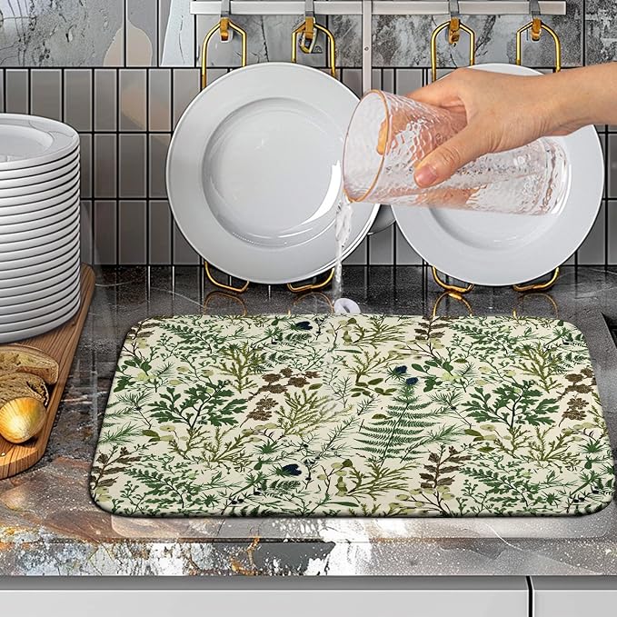 Sage Green Botanical Floral Dish Drying Mat for Kitchen Counter Vintage Herbs Fern Leaves Plant Drying Mats Absorbent Microfiber Dishes Drainer Mats Washable Dish Draining Pad Medium 16"x18"