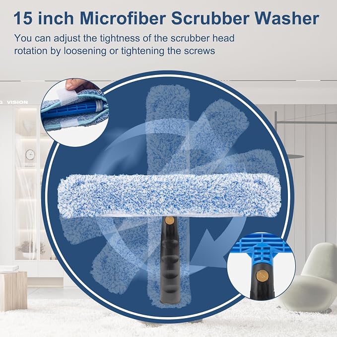 Professional Window Cleaning Kit, 14" Squeegee with 15" Scrubber | 14" Squeegee with 15" Microfiber Scrubber, Window Cleaning Tool for Home, Window Washing Equipment Commercial & Household Use