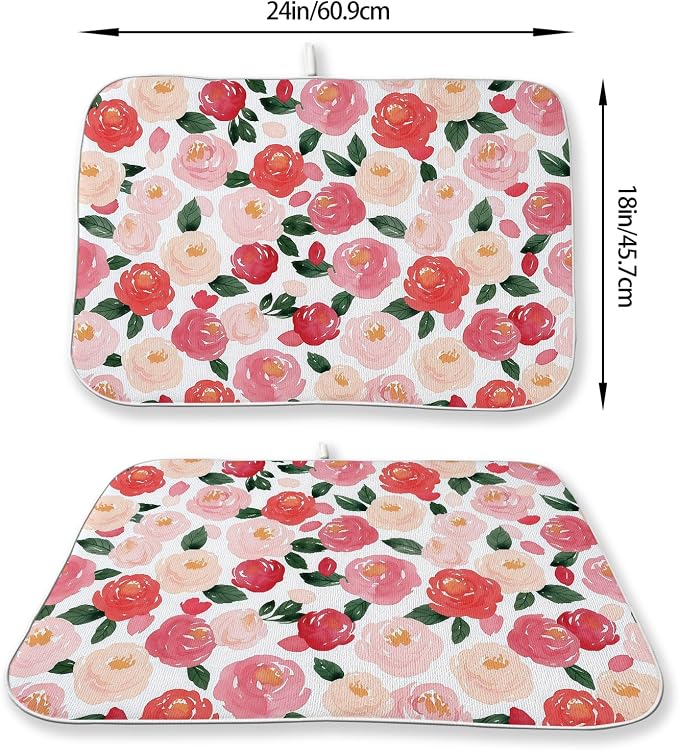 Floral Dish Drying Mat 18x24 Inch Watercolor Red Pink Flower Drying Mat Vintage Spring Summer Valentines Day Romantic Absorbent Dish Drying Pad Dish Rack Drainer Mats for Kitchen Dining Counter