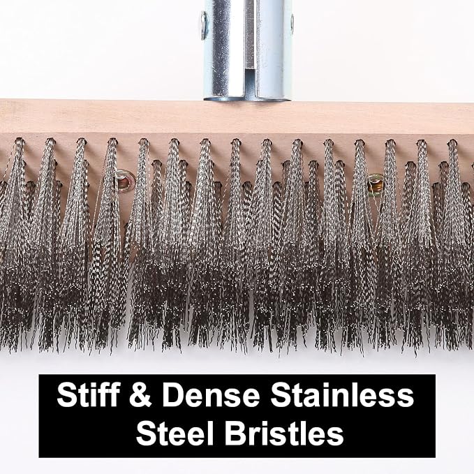 MAXMAN Stainless Steel Wire Scrub Brush with Long Handle, 63" Heavy Duty Large Wire Brush, Stiff Metal Bristle Floor Scrubber, Outdoor Patio Cleaning, Wire Broom for Deck, Concrete, Moss Removal